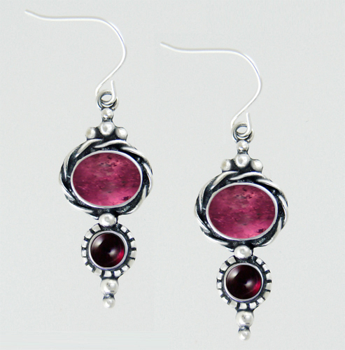 Sterling Silver Drop Dangle Earrings With Pink Tourmaline And Garnet